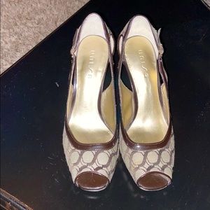 Brown patent trim fabric peekaboo toe heels